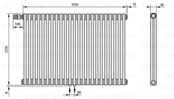 Схема (чертеж) Радиатор Zehnder Charleston 2220/23 №V007 Белый глянцевый RAL 9016